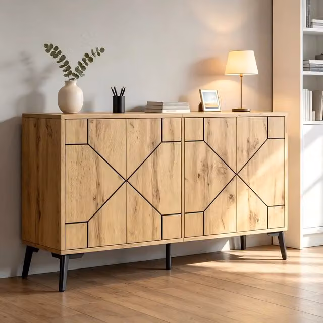 Sideboard in MDF colore legno, 120x35x69 cm, 4 ante con meccanismo push-to-open, motivo ondulato, portata 50 kg, per soggiorno, sala da pranzo e studio