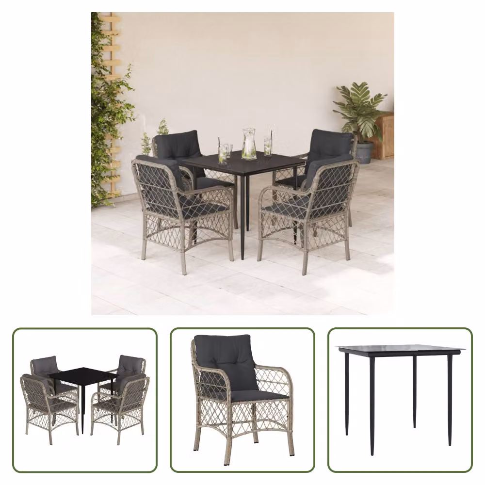 The Living Store Set da pranzo da giardino 5 pezzi con cuscini in rattan grigio chiaro