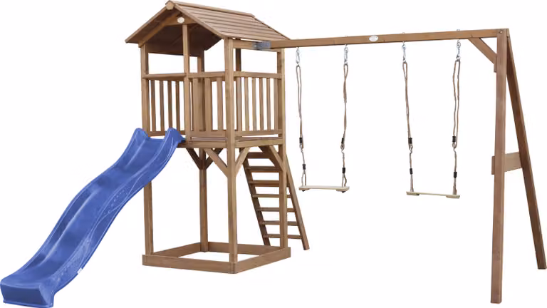 AXI Beach Tower parco giochi in legno in marrone | Torre di gioco per bambini con sabbiera, doppia altalena e scivolo blu | Casa per bambini su palafitte per il giardino
