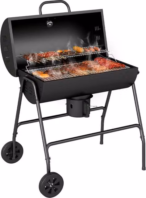 Griglia a carbone in metallo con coperchio, termometro, ruote e vaschetta regolabile. Carrello BBQ 95x71,5x102 cm per campeggio e terrazza