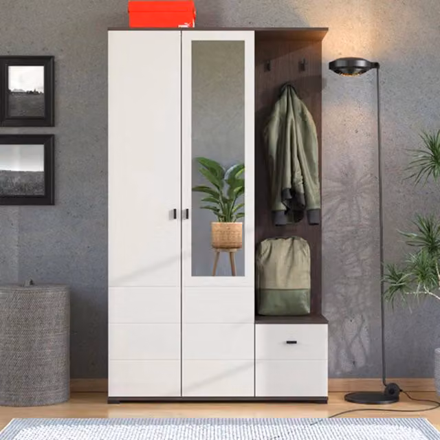 DMORA Mobile da Ingresso Moderno con Specchio, L: 116 cm, P: 35 cm, H: 197 cm, Colore Bianco Crema e Noce – 1