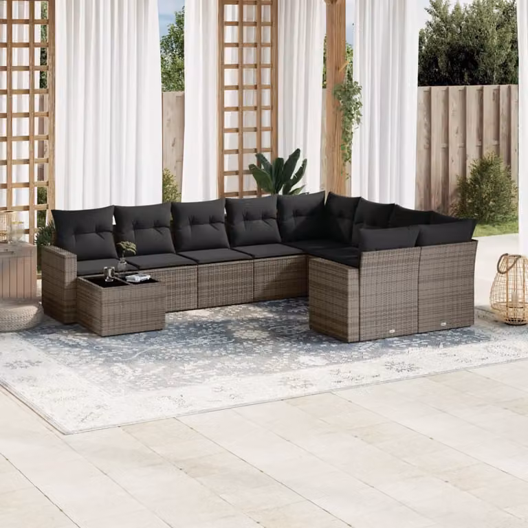 vidaXL Set Divano da Giardino 10 pz a Forma a L con Cuscini Grigio in Polyrattan e Struttura in Acciaio Verniciato a Polvere