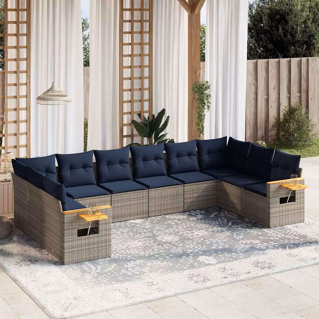 vidaXL Set Divani da Giardino 10 pz in Polyrattan con Cuscini e Tavolino da Esterno, Colore Grigio e Blu – 1