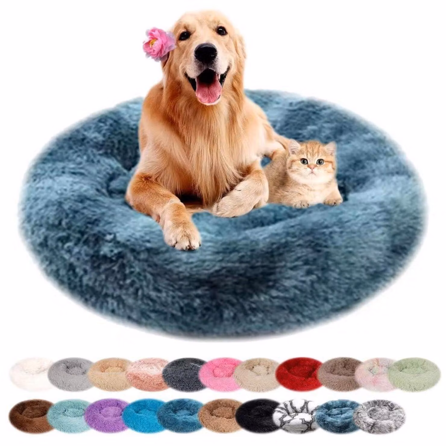 Cuccia per cani, forma rotonda, in peluche, lavabile, antiscivolo, con bordi rialzati, diametro 120 cm, colore bianco e blu