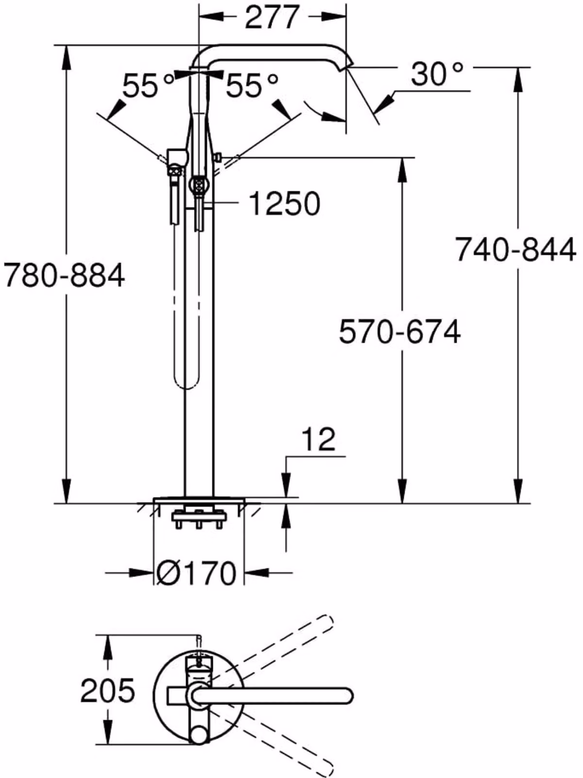 Grohe Essence Mitigeur monocommandé pour bain, montage au sol, orientable, saillie 277mm, avec accessoires, 25248001, 25248001