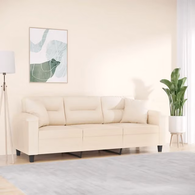 Divano a 3 Posti con Cuscini-Sofa 3 Posti con Cuscini Beige 180 cm Tessuto Microfibra