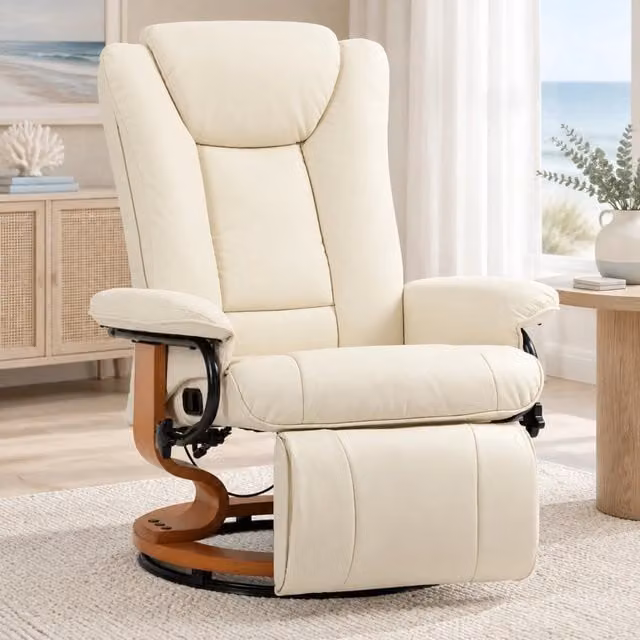 Poltrona relax girevole reclinabile con poggiapiedi in pelle rigenerata bianco crema
