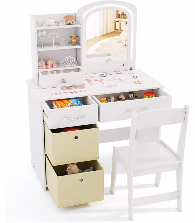 Comò da trucco per bambini con luci LED e 5 cassetti, tavolino da trucco a forma di principessa in legno, bianco