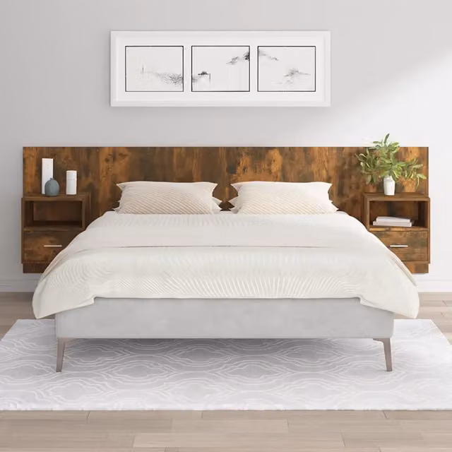 Testiera Letto con Comodini-Testiera con Contenitore Rovere Fumo in Legno Multistrato 948611