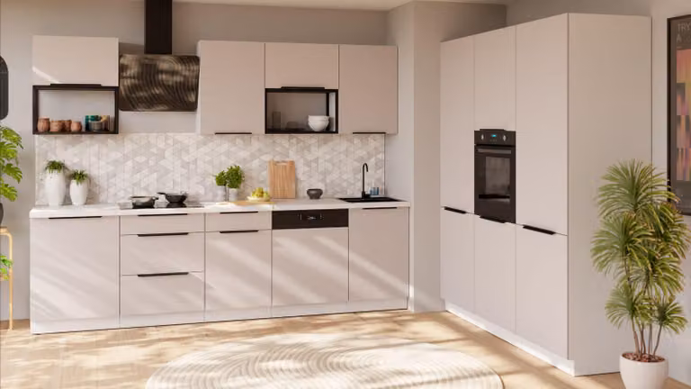 Cucina COMO LOFT 280 + 180 cm, angolo cottura, blocco cucina, cucina componibile, color cashmere beige opaco + bianco opaco