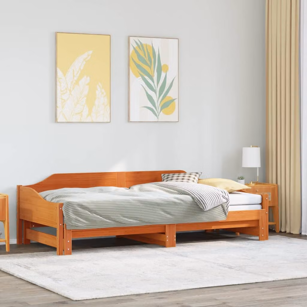 vidaXL Divano con Letto Estraibile in Legno di Pino Massello Marrone Cera L/P/H: 207.5 x 92.0 x 62.0 cm