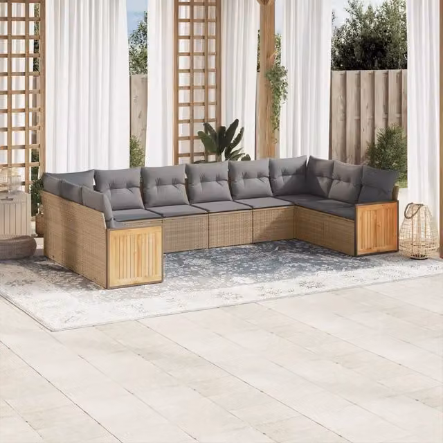 vidaXL Set Divano da Giardino a L 10 pz con Cuscini Beige e Struttura in Acciaio e Legno di Acacia