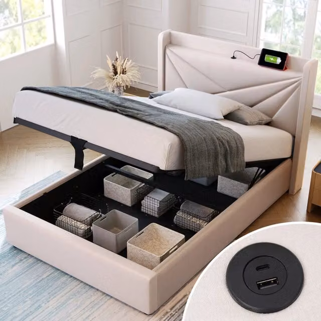 Letto contenitore singolo OKWISH beige con testiera imbottita, porte di ricarica USB e Tipo-C, L/P/H: 90 x 200 x 107 cm