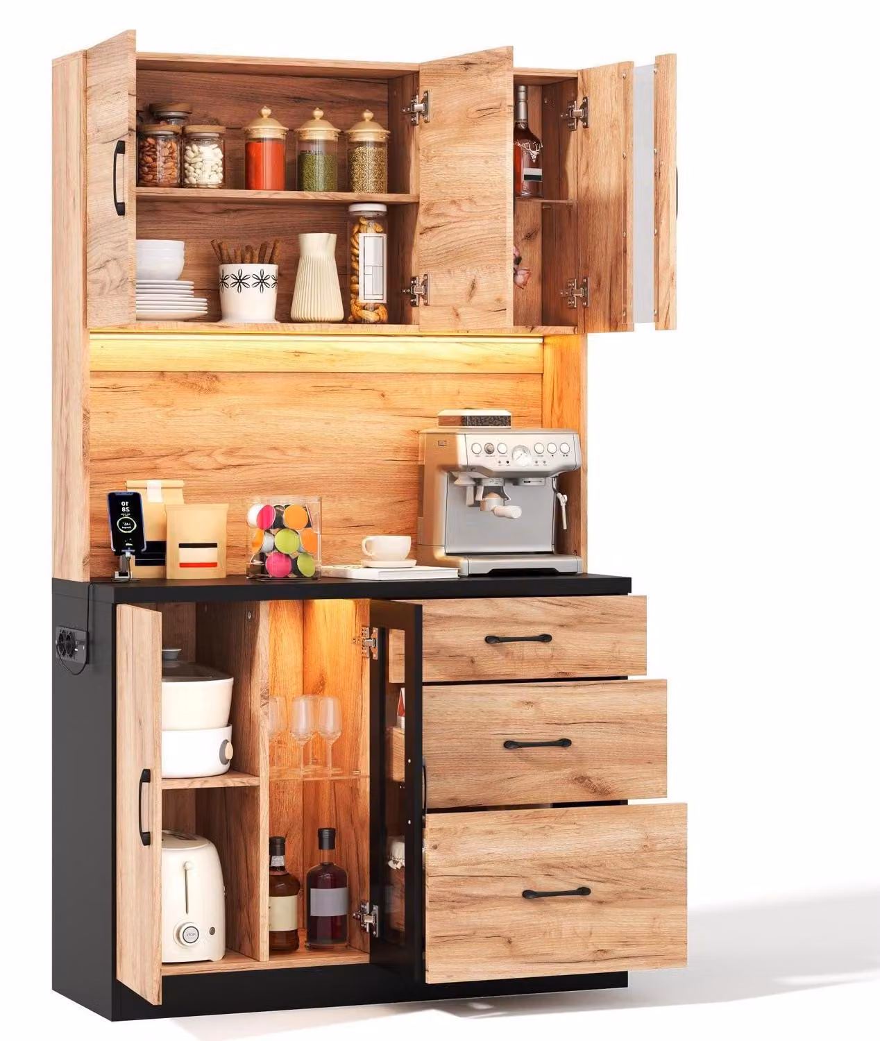 Mobiletti da cucina con illuminazione a LED, dimensioni 105x40x180 cm, colore nero, aspetto legno
