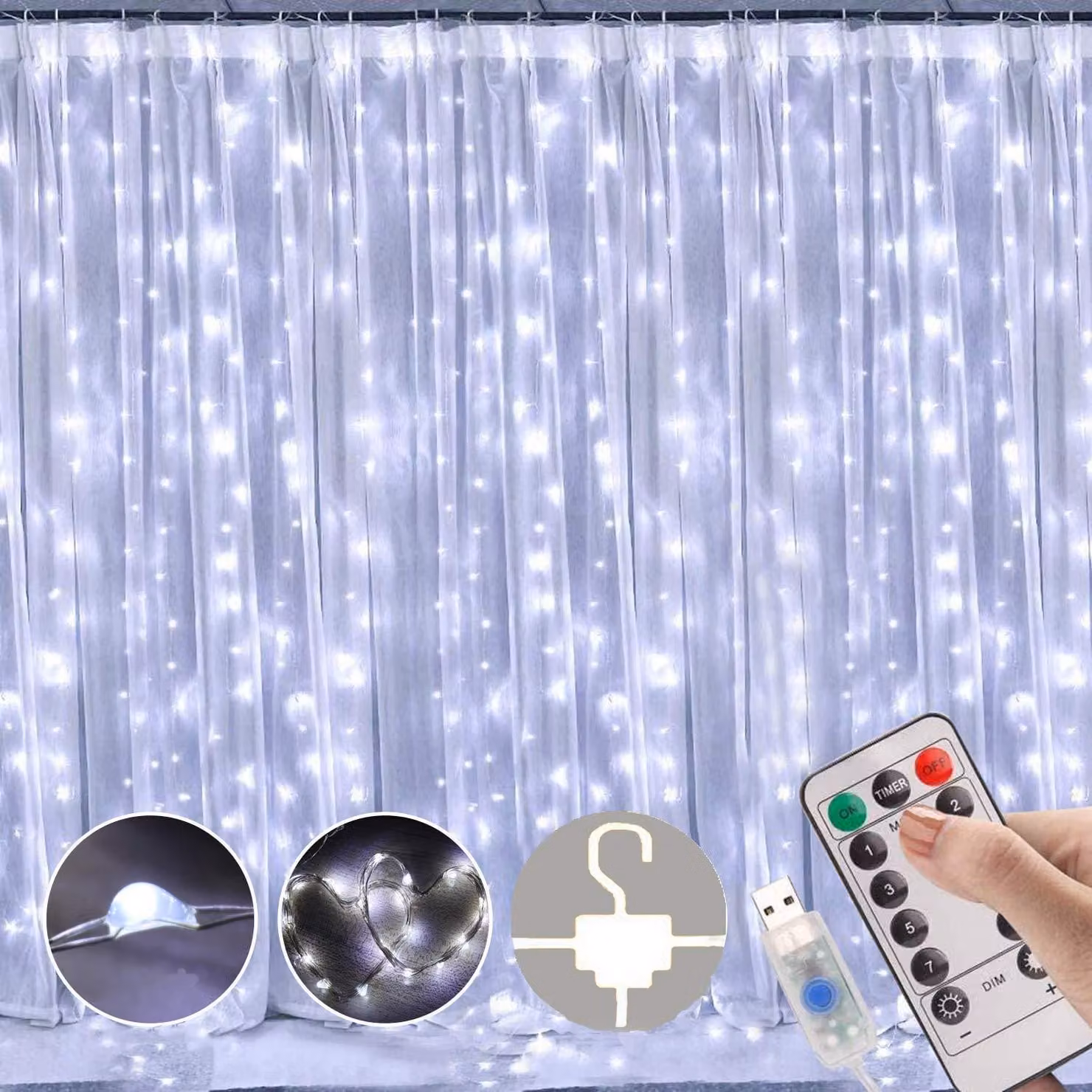Catena luminosa a LED, modello "tenda", dimensioni 3x3 metri, 300 LED, alimentazione USB, luce bianca fredda, 8 modalità