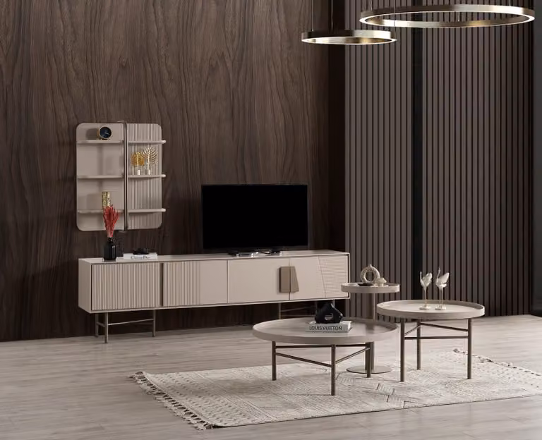 Stilvolle Beige Wohnzimmermöbel TV-Lowboard Designer Couchtisch
