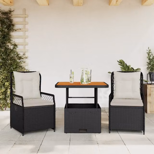 Set da Pranzo da Giardino 3 pz con Cuscini Nero in Polyrattan 3262910