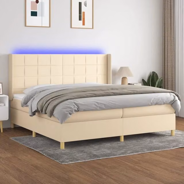 Letto moderno vidaXL con materasso a molle insacchettate, illuminazione LED sottostante e porta USB, tessuto beige e bianco, L/P/H: 200 x 200 x 31 cm – 1