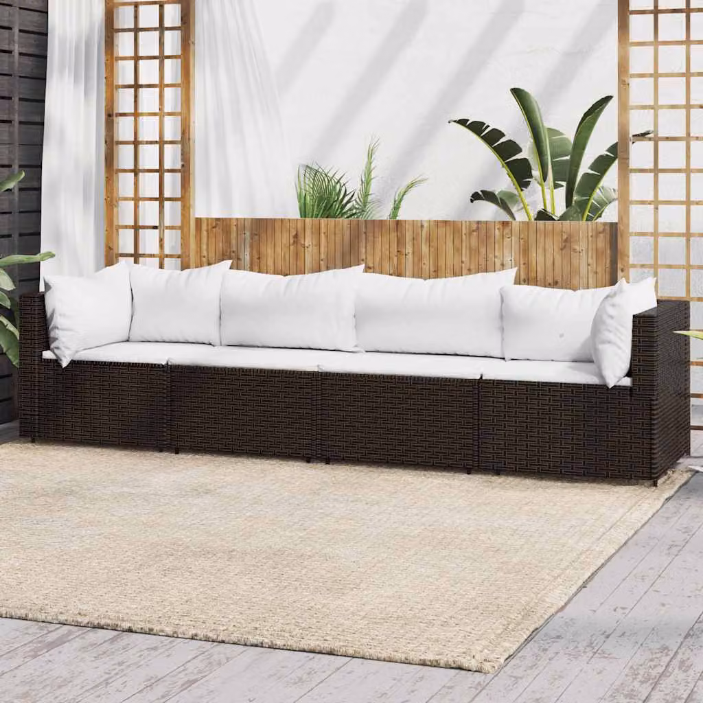 Set Mobili da Giardino vidaXL 4 Pezzi in Polyrattan Marrone e Bianco con Cuscini Imbottiti e Struttura in Acciaio Verniciato a Polvere