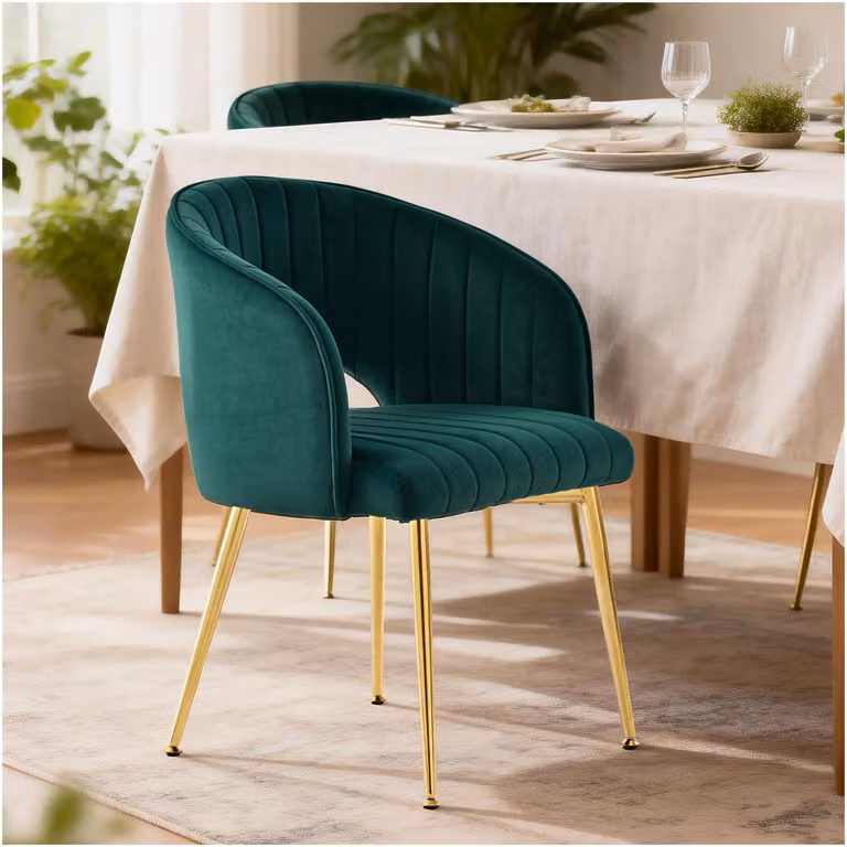 Sedia da pranzo in velluto color smeraldo con braccioli, gambe dorate