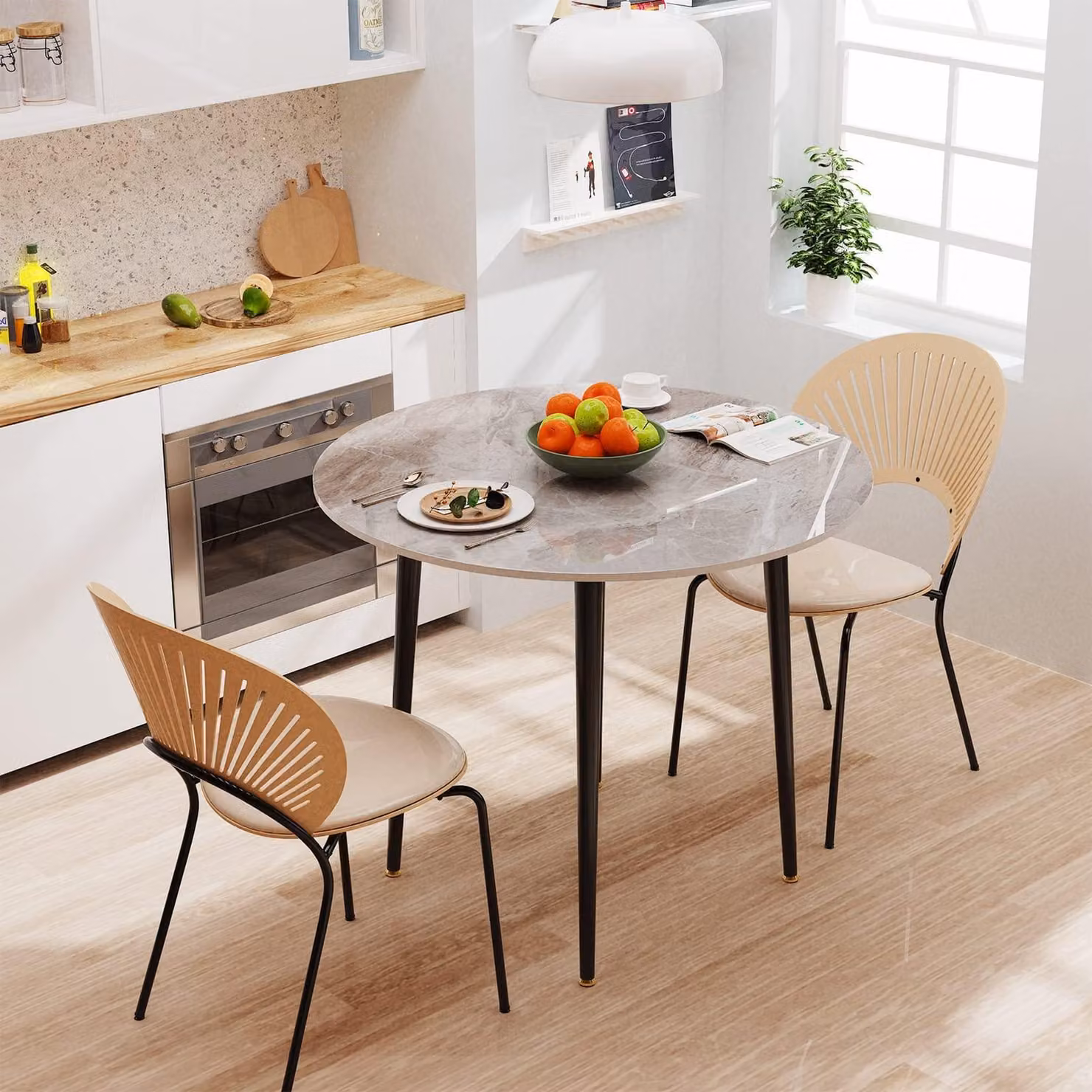 Tavolo rotondo da pranzo, aspetto marmo, 80 cm di diametro, gambe in metallo, colore grigio