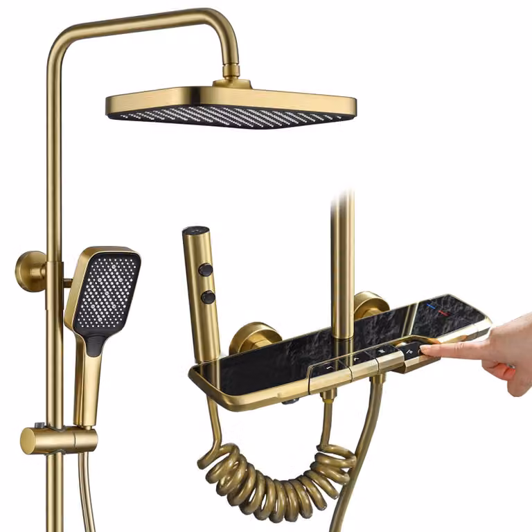 Sistema doccia con termostato, dimensioni 315x210 mm, dotato di soffione a pioggia e 4 tasti a membrana
