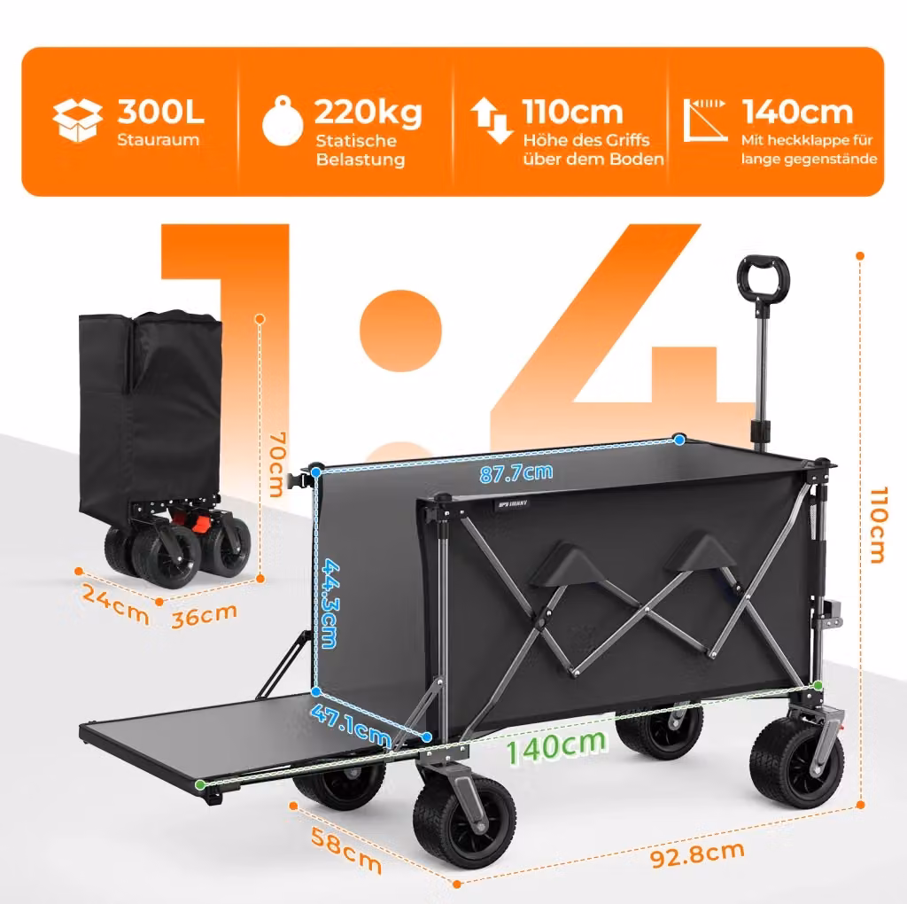 Carrello pieghevole da trasporto MODFU con sponda estensibile da 140 cm in acciaio, nero e grigio – 2
