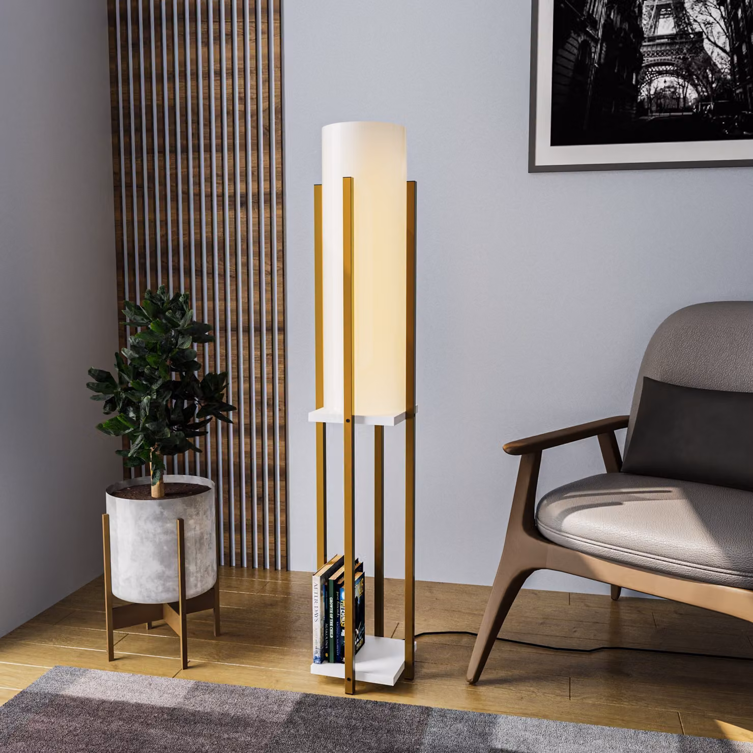 Opviq, Lampada da scaffale - 8133, lampada da terra, CORPO IN METALLO, oro, 25 x 25 x 130 cm