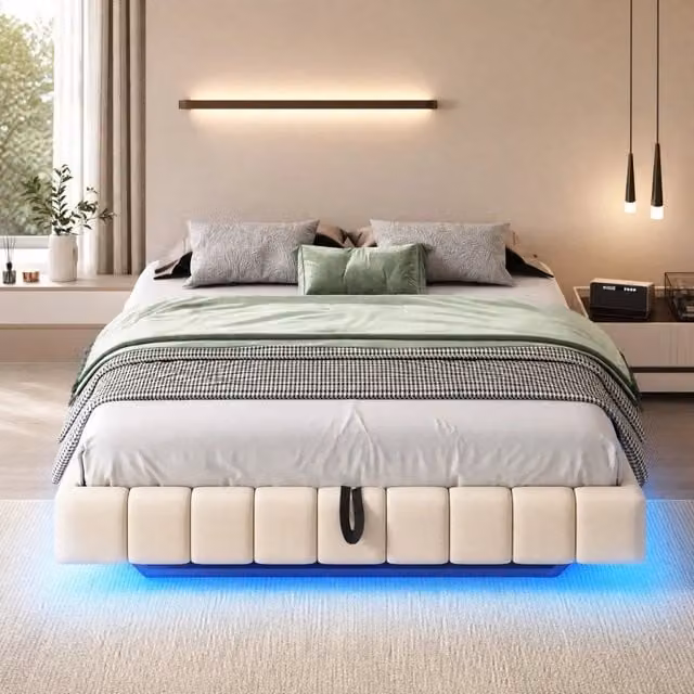 Letto contenitore 160x200 cm in lino beige con LED, senza testiera