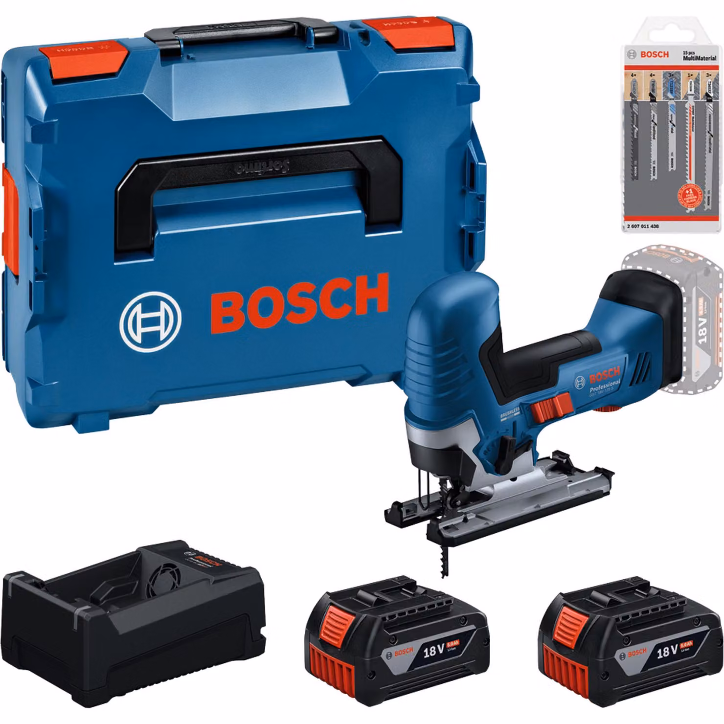 Set di utensili Bosch: GST 18V-125 S + 2x GBA 5,0 Ah + GAL + set di lame per seghetto alternativo in L-BOXX