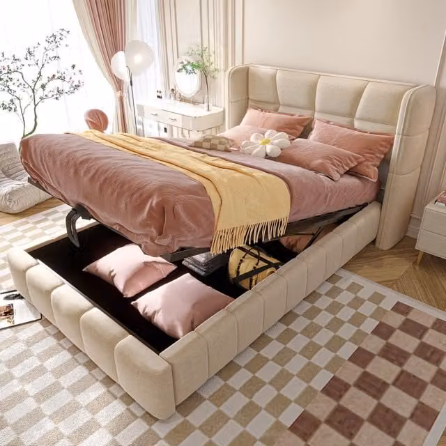 letto imbottito tessuto beige 90 x 200 cm