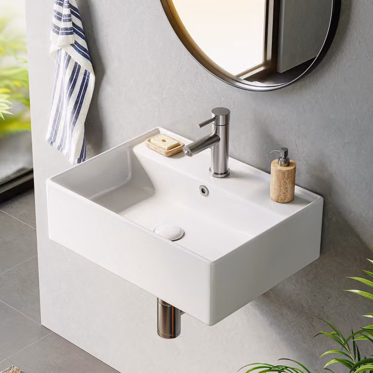 HOROW, lavabo da parete rettangolare, 45 x 31 cm, lavabo da appoggio con bordo sottile, dotato di foro per rubinetto e troppofilo