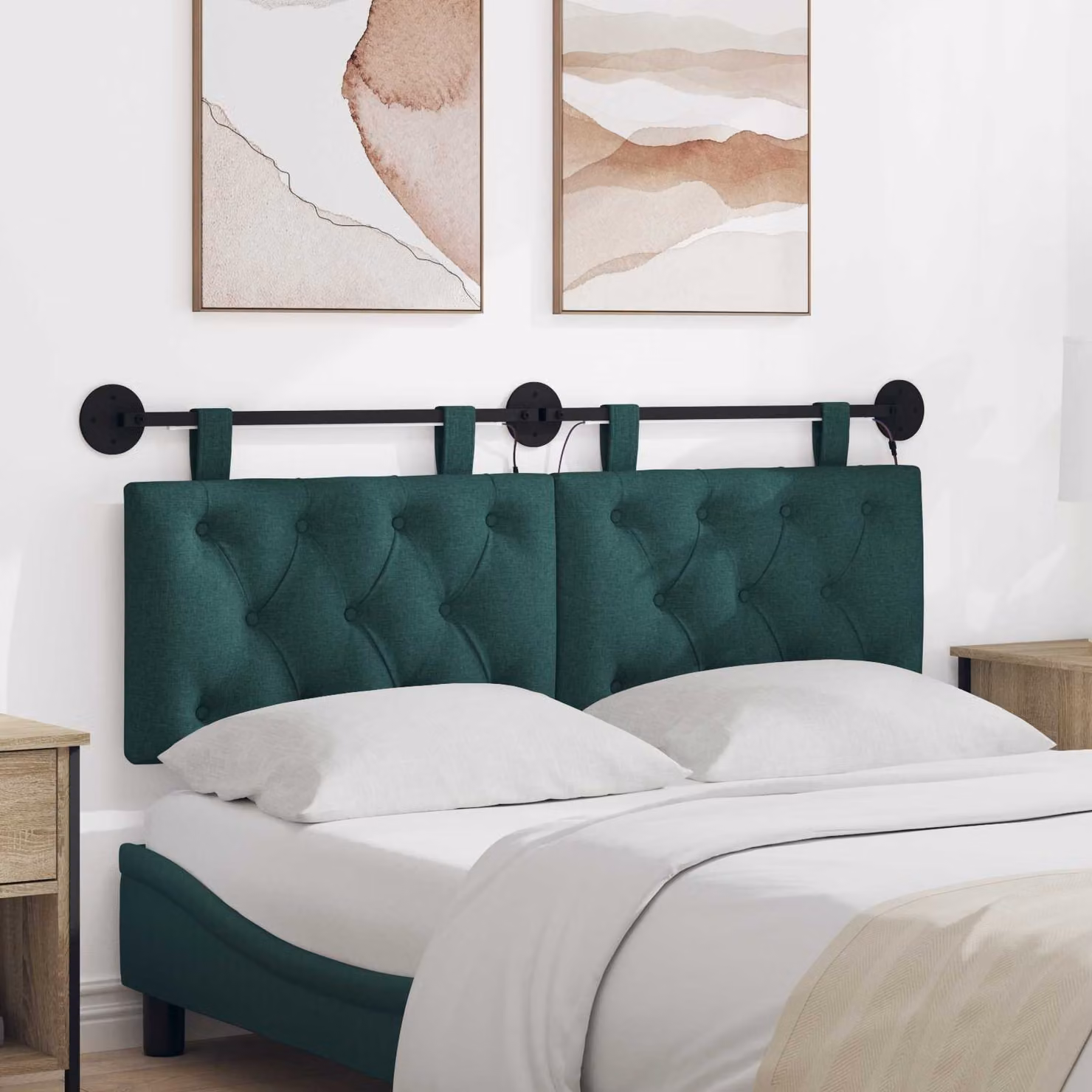 Testiera per letto sospesa vidaXL con luce LED integrata in tessuto verde scuro L: 130 cm, H: 55 cm, P: 7 cm