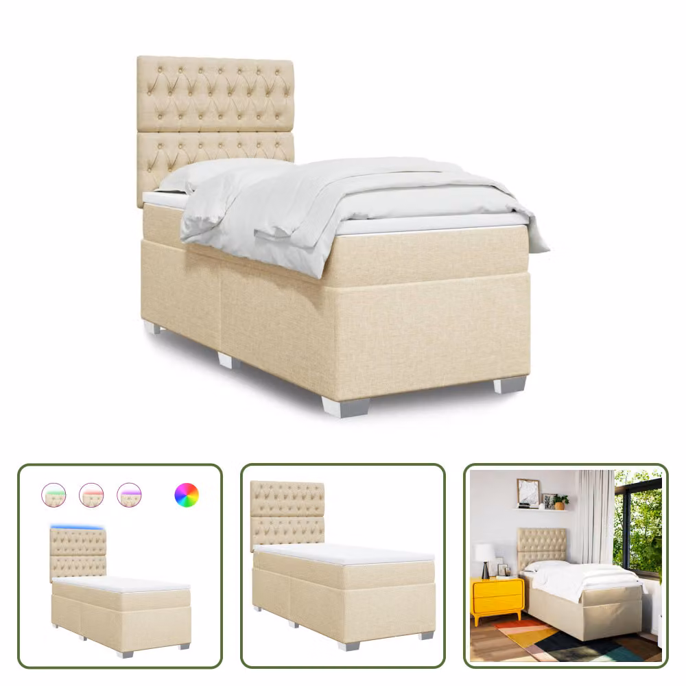 The Living Store Letto a molle con materasso crema 90x190 cm in tessuto