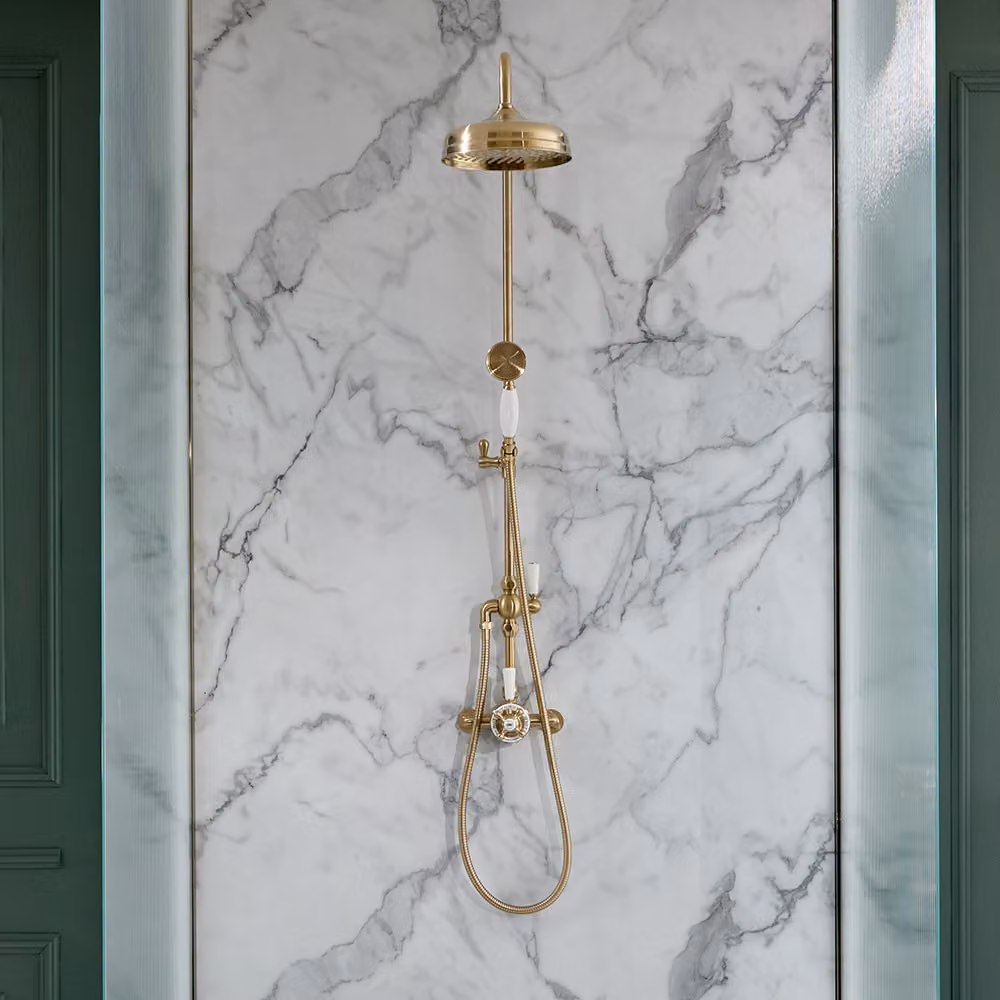 Colonna Doccia Termostatica Tradizionale Oro Satinato 2 Vie - Miscelatore esterno- soffione - Design Classico