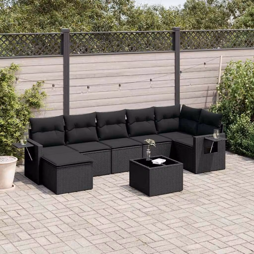 vidaXL Set Divani da Giardino a L con Cuscini 8 pz Nero in Polyrattan e Struttura in Metallo – 1