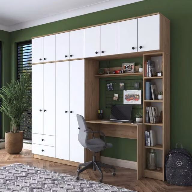 Armadio DMORA per camera da letto moderno in legno bianco e marrone L: 240 cm, H: 217 cm, P: 43 cm – 1