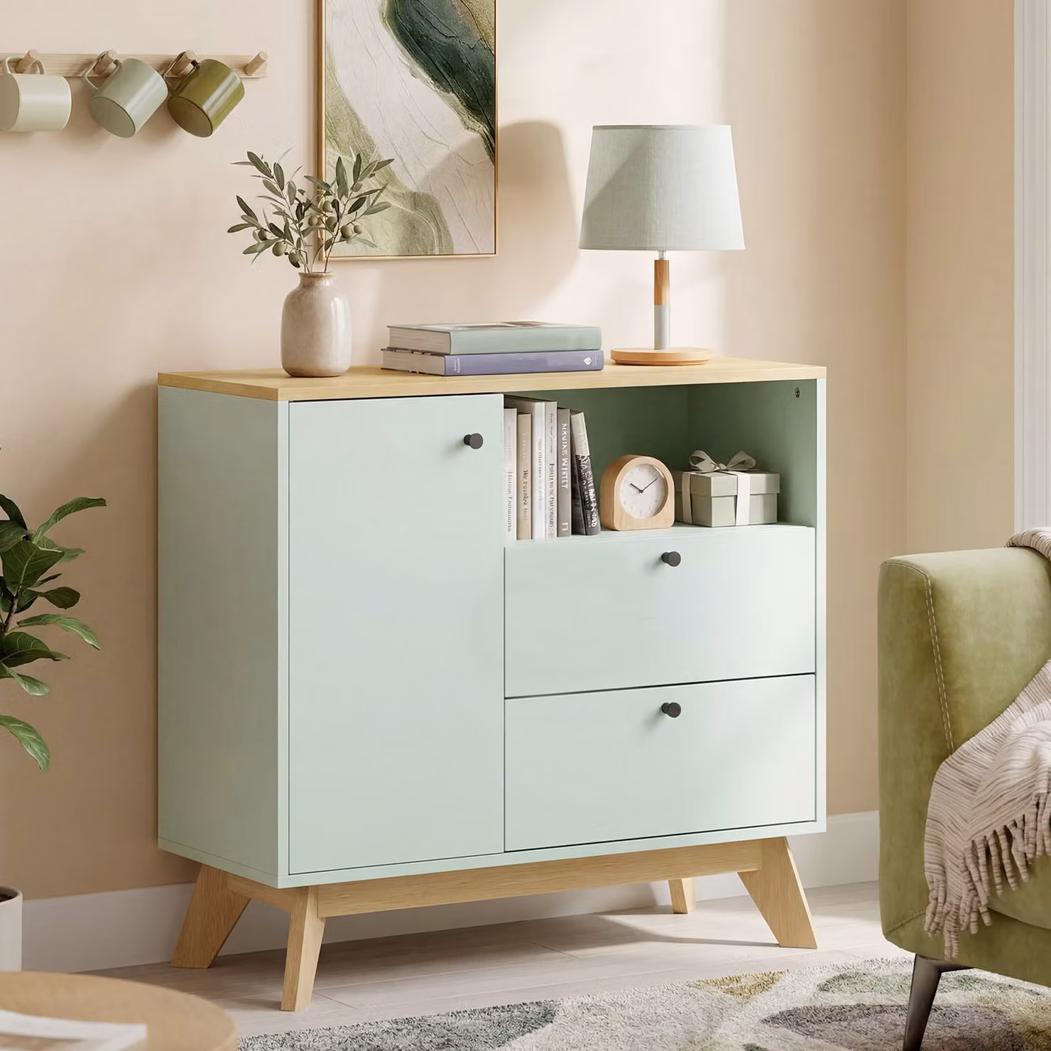 Buffet HOMCOM per soggiorno e cucina, mobile contenitore moderno con porta, 2 cassetti, vano aperto e mensola regolabile, verde chiaro e rovere – 2