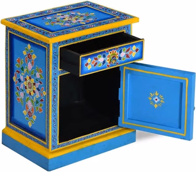 Comodino da notte Design Mania in legno di mango turchese con decorazioni floreali multicolore dipinte a mano