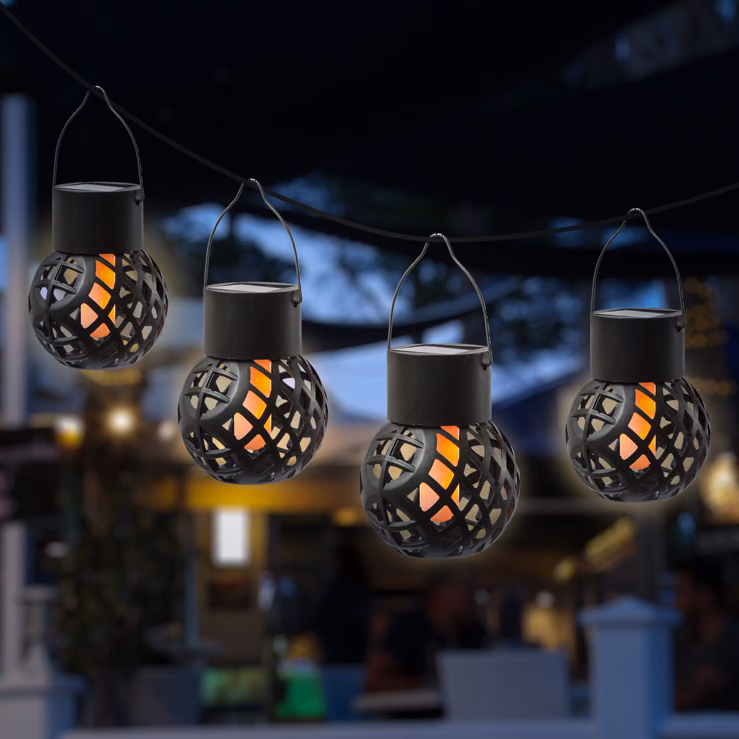 Lampade a sospensione solari a LED "Feuerball" - Lampade a sfera con effetto fiamma - A: 9 cm - Sensore - 4 pezzi