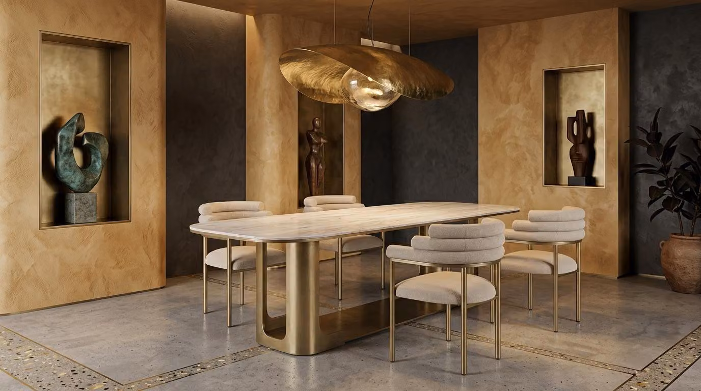 Set da pranzo beige, tavolo rettangolare, sedie di alta qualità, design moderno