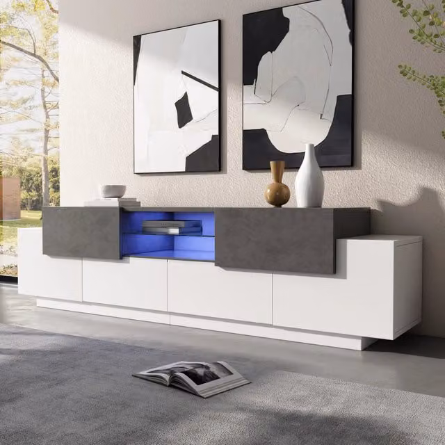 Mobile TV moderno WISHDOR con illuminazione RGB, ripiani in vetro e finitura opaca, colore bianco e grigio, L: 180 cm, P: 40 cm, H: 45 cm – 1