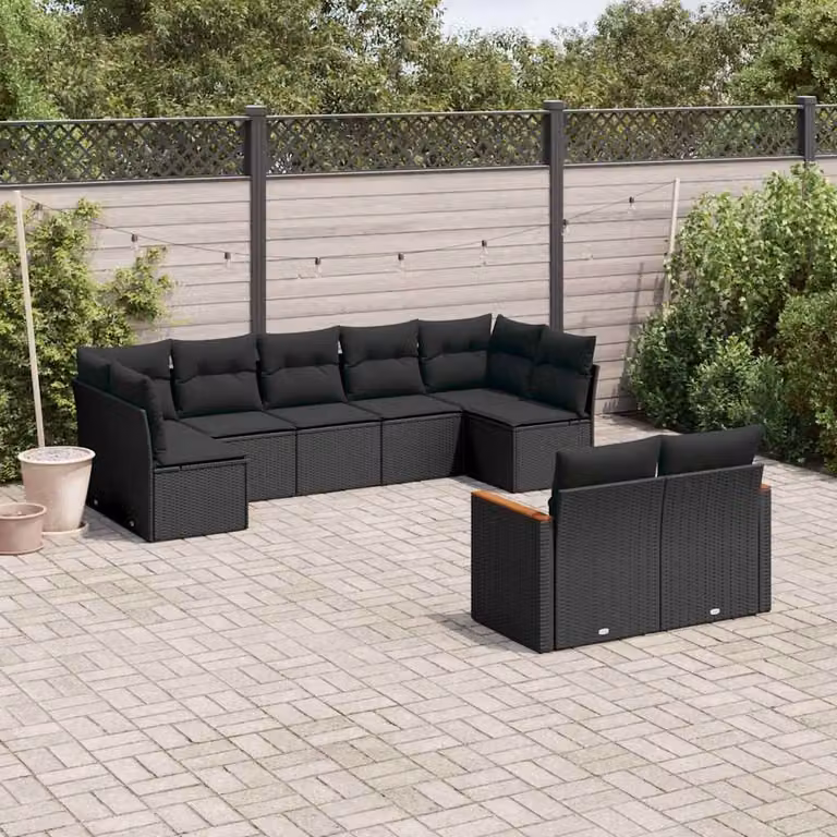 vidaXL Set Divani da Giardino a L 9 pz in Polyrattan Nero con Cuscini Imbottiti e Rivestimenti Rimovibili