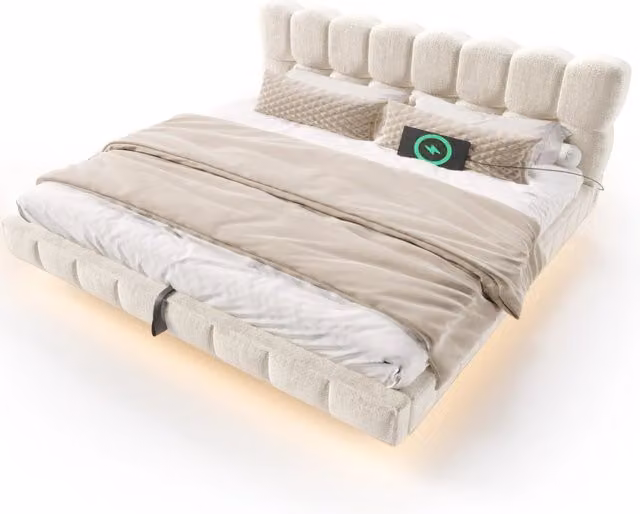 Letto matrimoniale 180x200 cm con contenitore idraulico; LED; USB e rivestimento in ciniglia beige