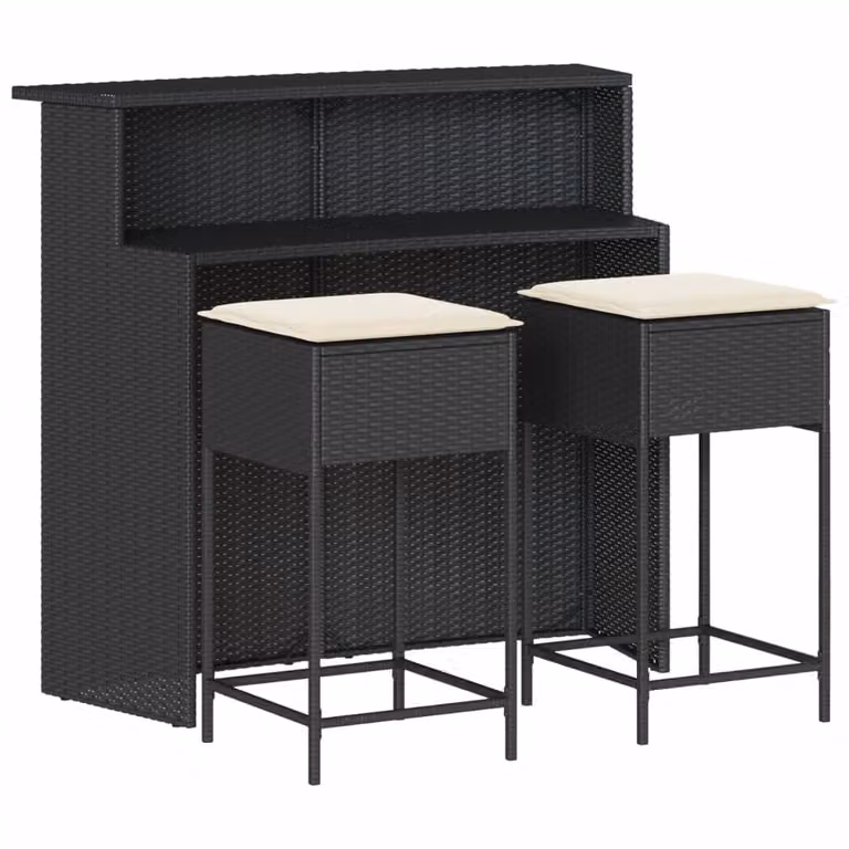 Set Bar da Giardino 3 pz con Cuscini in Polyrattan Nero