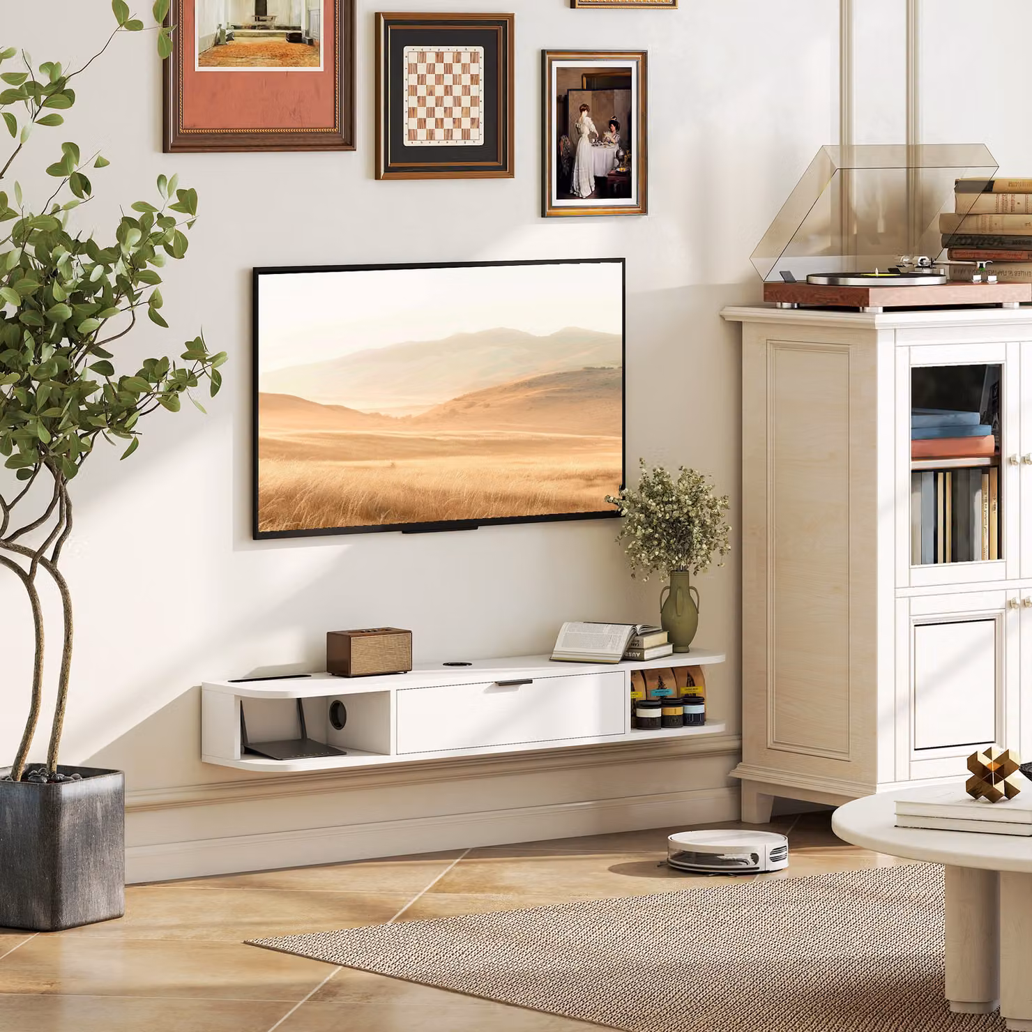 Mobile TV sospeso HOMCOM bianco con cassetto ribaltabile e 2 ripiani, adatto per televisori fino a 127 cm, L/P/H: 120 x 24 x 16 cm – 2