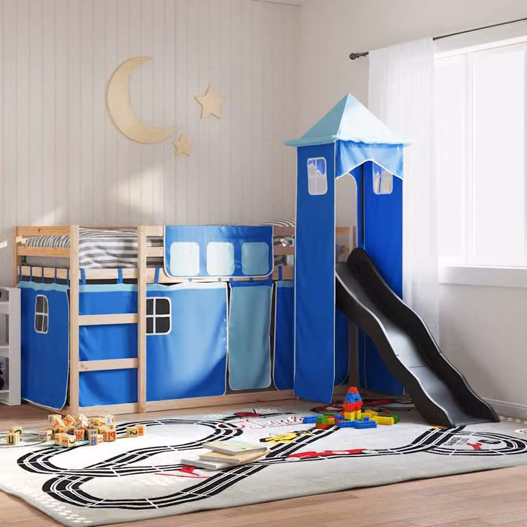 vidaXL Letto a Castello per Bambini in Legno di Pino con Scivolo e Tende Blu e Antracite 80x200 cm