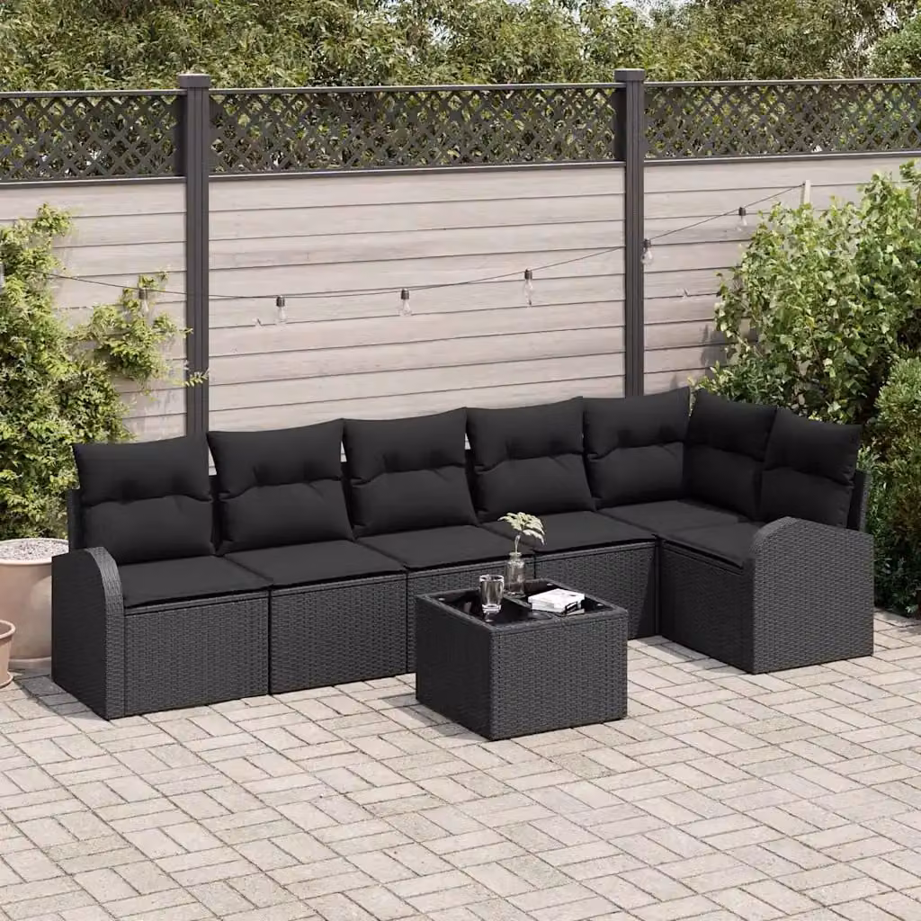 Set Divano da Giardino a L vidaXL in Rattan Nero con Cuscini e Tavolino – 1