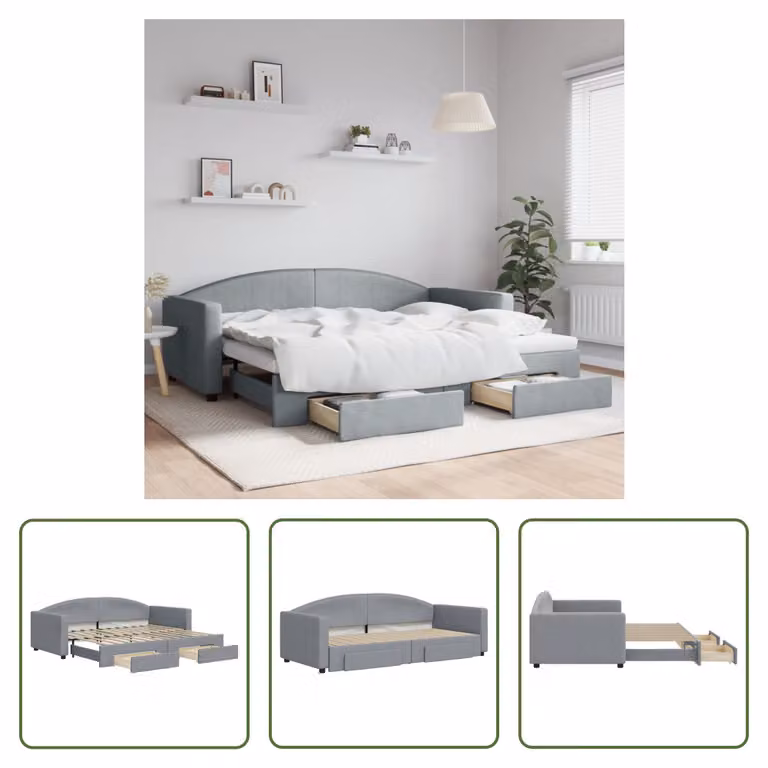 The Living Store Letto da giorno allungabile con cassetti grigio chiaro 90x200 cm tessuto
