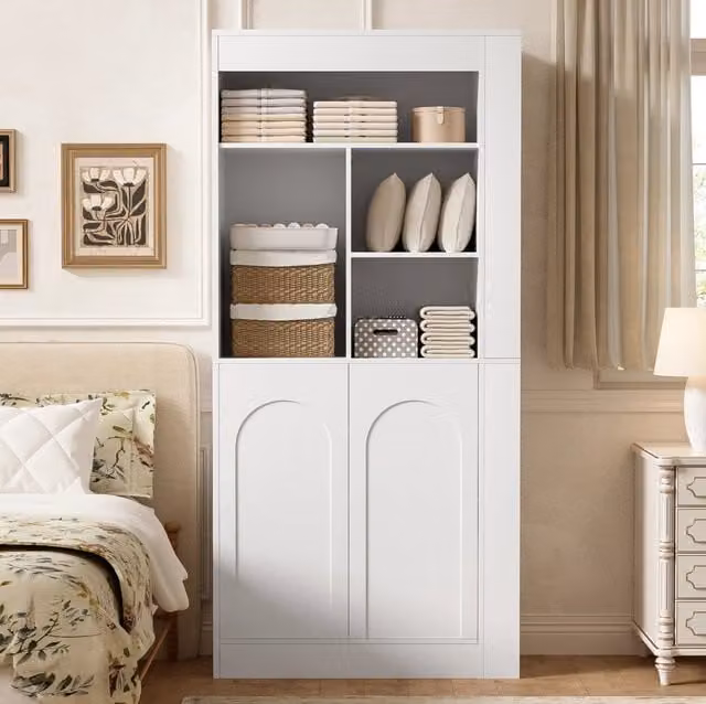 Armadio alto multifunzione con ripiani aperti; 2 ante; ripiani regolabili; 85x35x180 cm; bianco